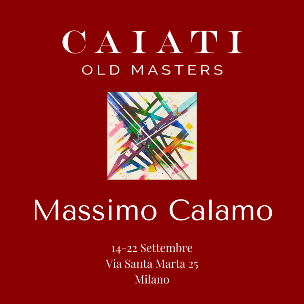 Locandina della mostra presso la galleria Caiati Old Masters di Milano, dal 14 al 22 settembre 2023. La locandina mostra che il quadro dell'artista "Verità Nascoste" .