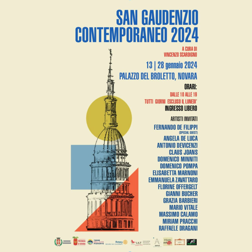 Locandina della mostra San Gaudenzio Contemporaneo presso Palazzo del Broletto a Novara, dal 13 al 28 gennaio 2024.